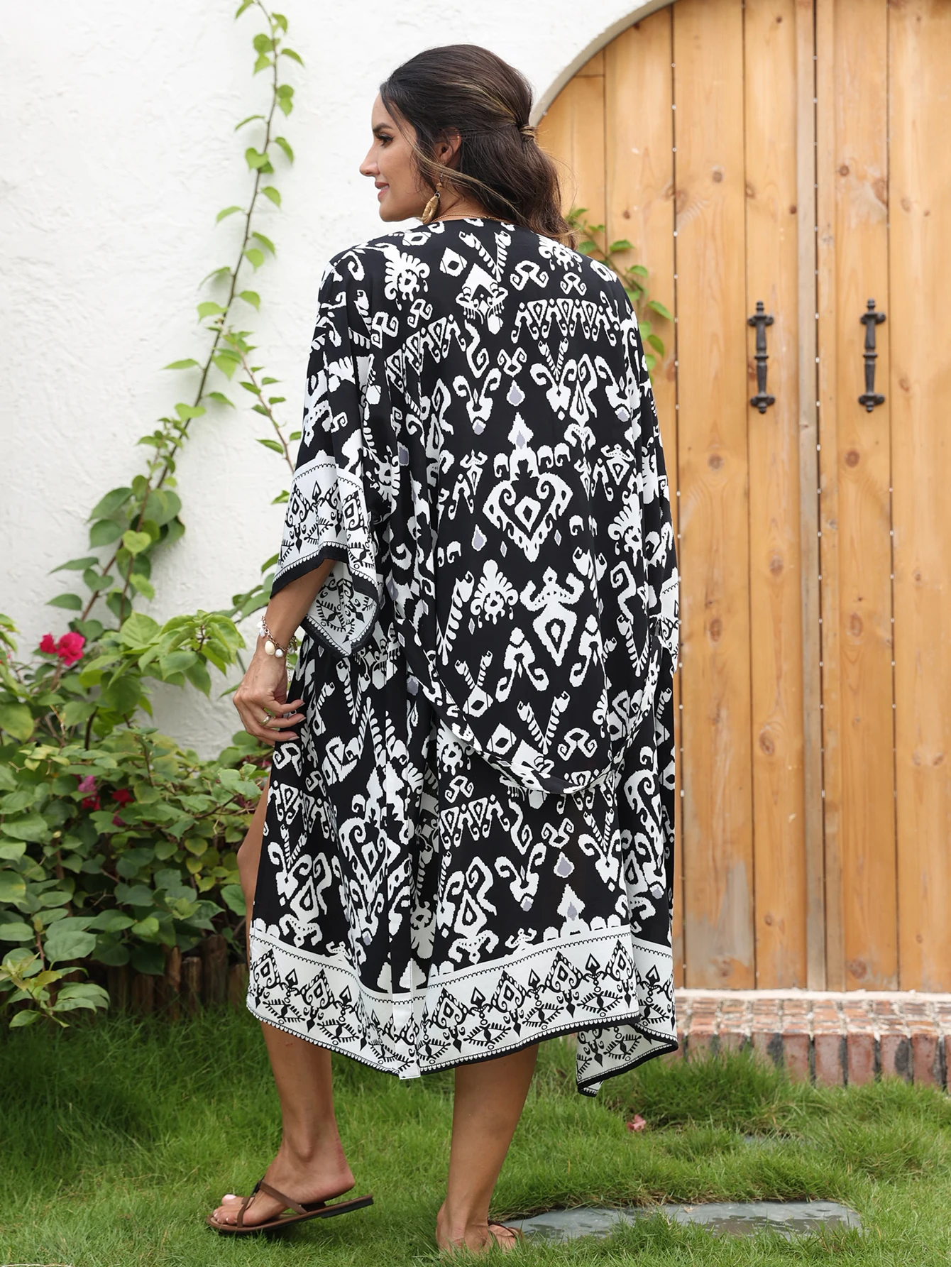 Plus Size Boho Kimono, damskie Plus Paisley i kwiatowy nadruk rękaw 3/4 otwarte Kimono z przodu z paskiem 6,424 recenzji