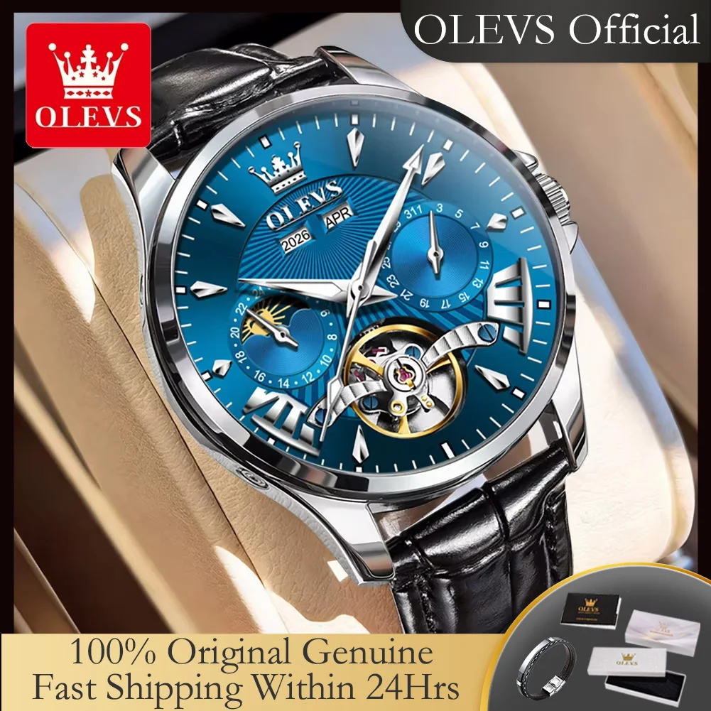 OLEVS 7103 Automatic Men Watch Hollowed Flywheel Luxury Brand Original Mechanical Wristwatch Moon Phase Business Watches for Man