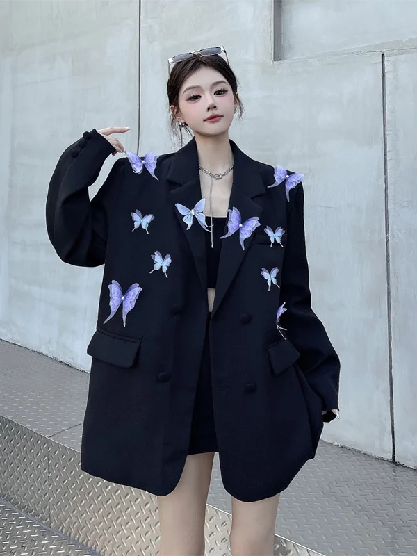 

Handmade Design Casual Loose Women's Suit Jaet Heavy Construction Korean Sle Vintage Flared ape Busin Wear