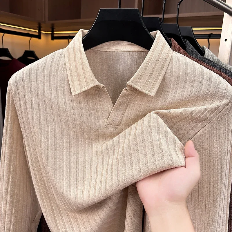 Men Polo Collar V‑Neck Knit Sweater Vertical Ribbed Texture Long Sleeve Soft Stretch Slim Fit Winter Casual Business Mens Tops