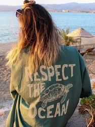 Respect The Ocean Sea Turtle Womans Cotton T-Shirts Vintage Casual Tee Clothes Personality Street O-Neck Tops Women Short Sleeve