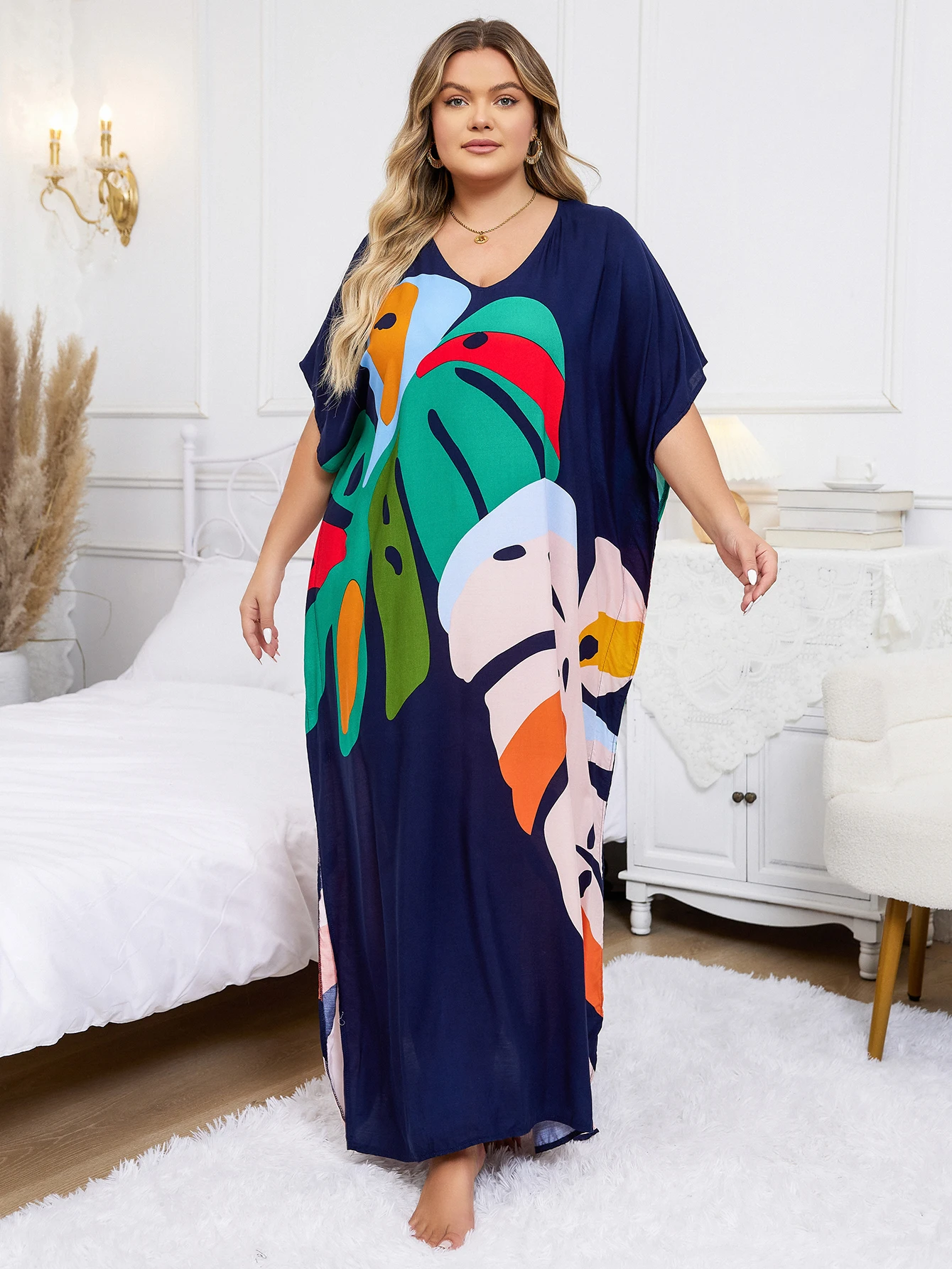 Plus Size artystyczna czarna sukienka Kaftan z nadrukiem roślinnym 2024 letnie ubrania damskie Sundress plażowe sukienki Maxi Q1476