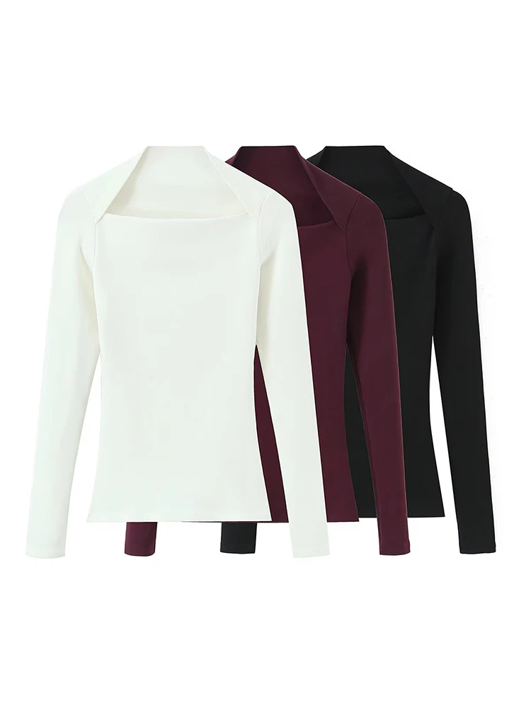 Frühlings-Neuheit: Elegantes Langarmshirt mit eckigem Ausschnitt für Damen – Schlichte, lässige Oberteile für den Herbst 2026 – Einfarbige, schmal geschnittene Basic-T-Shirts für Damen