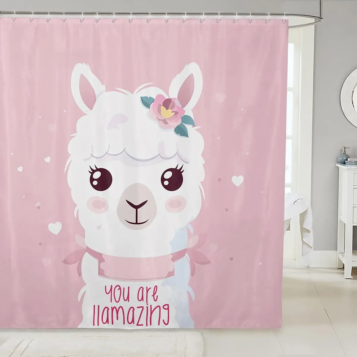 

Feelyou Cute Llama Shower Curtain Girls Pink Llama Alpaca Bath Curtain Cute Polka Dots Bathroom Shower Curtain Set