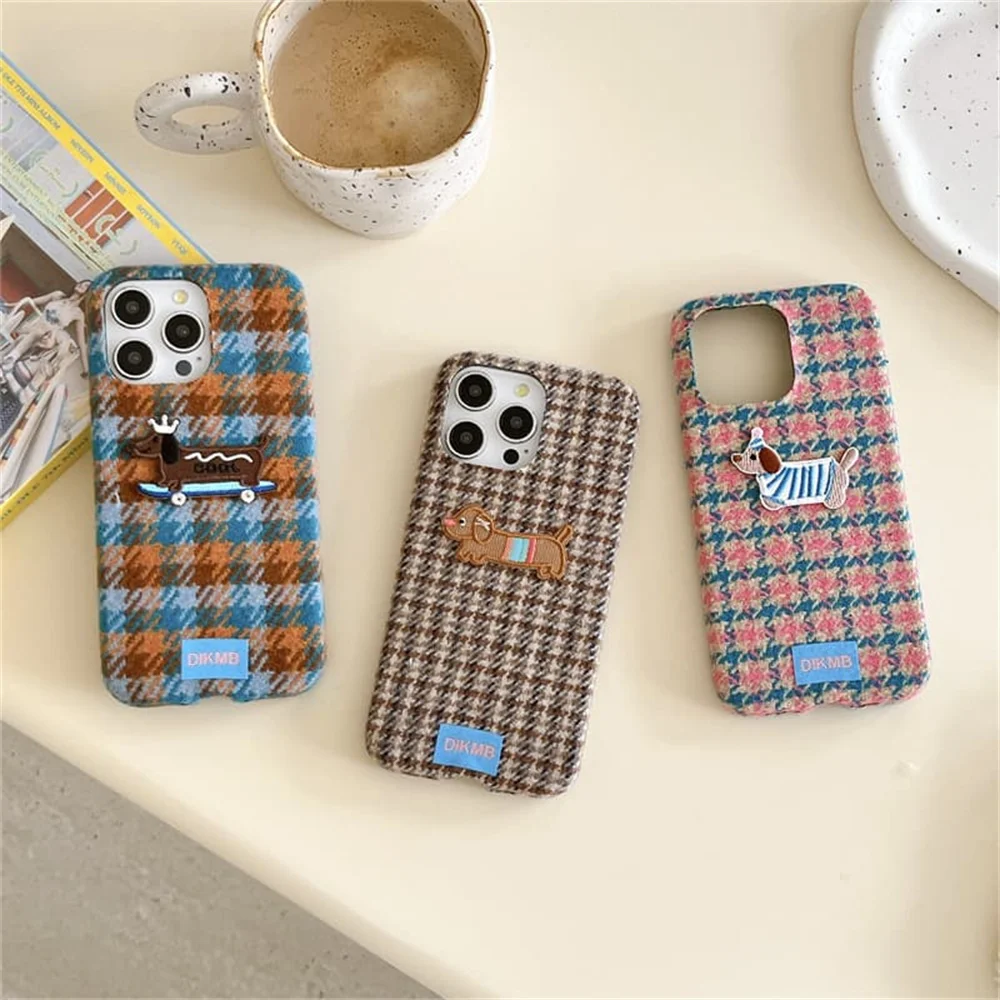 Korea Cartoon Ins 3D Embroidery Dog Phone Case For iPhone 18 Pro 14 15 16 17 Pro Max Cover Shockproof Cute Plush Cases 18 Promax