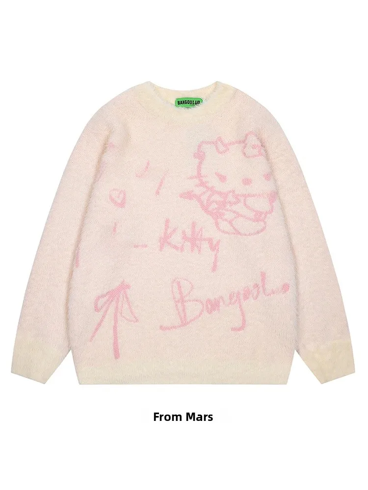 

from Sweet National Trend Knitted Sweater round Ne Casual Long Sve Pattern Couple's Leisure Faion Knitwear