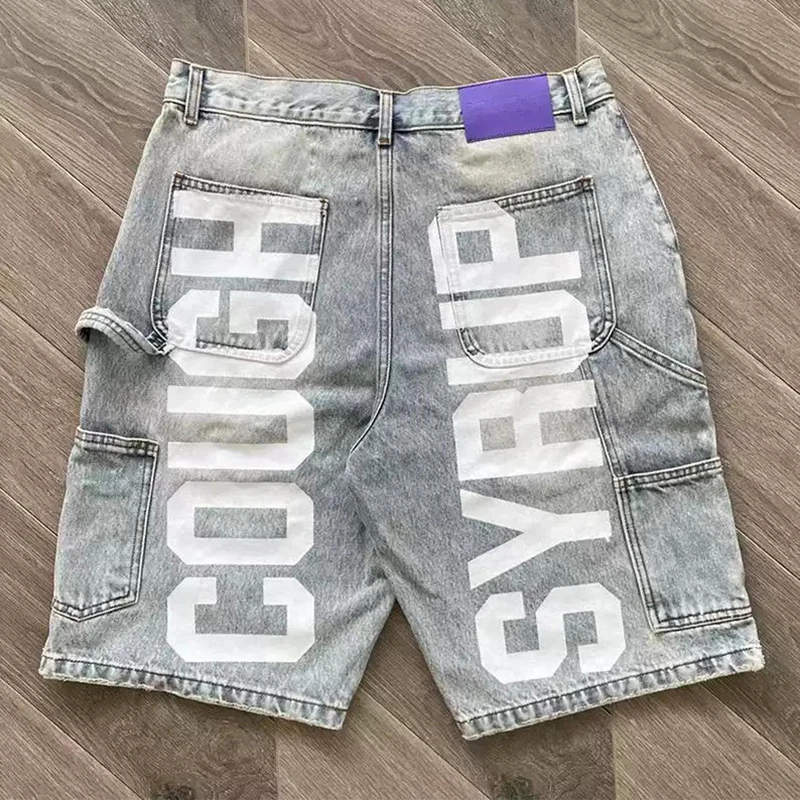 

COUGH SYRUP Denim Shorts Street Trendy Fashion Letter Print Rhinestone Pants
