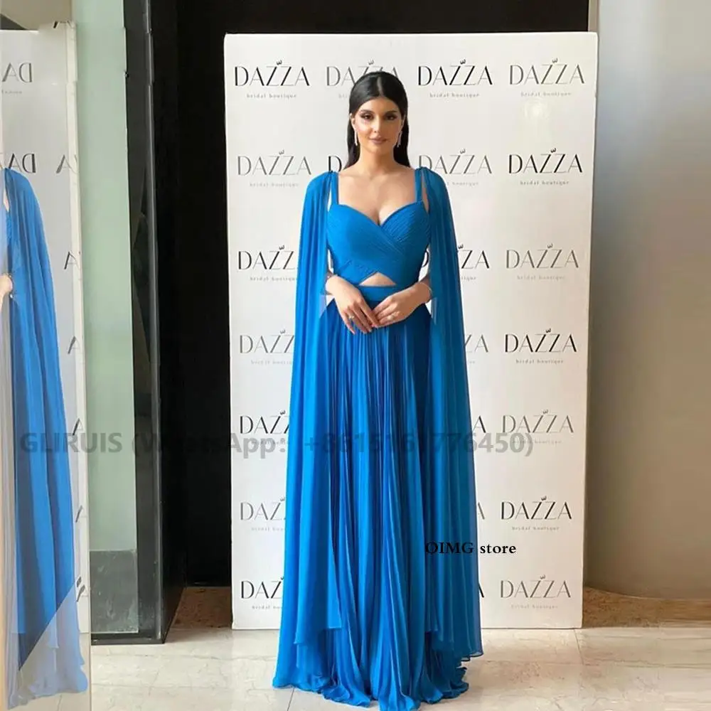 

2023 Blue Chiffon A Line Formal Evening Dresses Detachable Long Cape Sleeves Straps Saudi Arabic Women Prom Gowns Party Dress