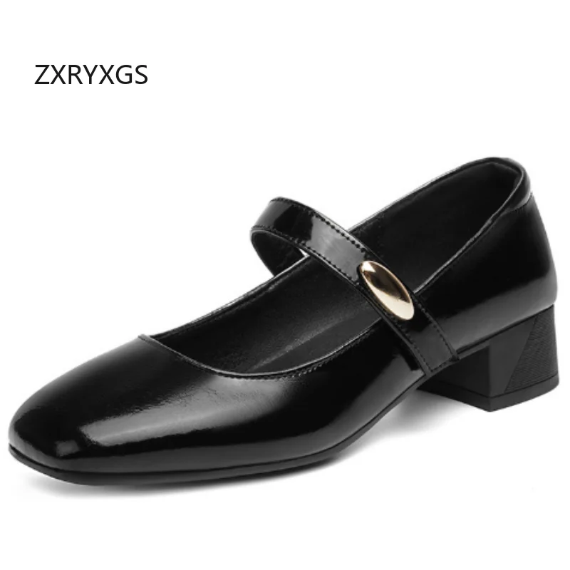 

ZXRYXGS 2025: темпераментная элегантная женская обувь из натуральной кожи с квадратным носком, толстые туфли на среднем каблуке, большие размеры, новые офисные туфли для банкета