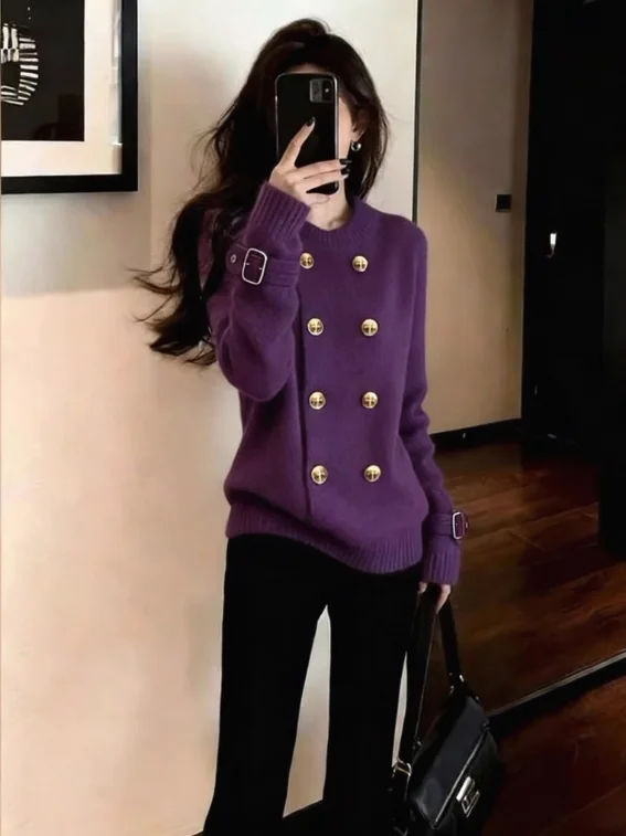 

Purple Knitted Open Cardigan ort Sle Inner Wear Korean System Winter Faion High End Sensation Luxury Light Luxury Top