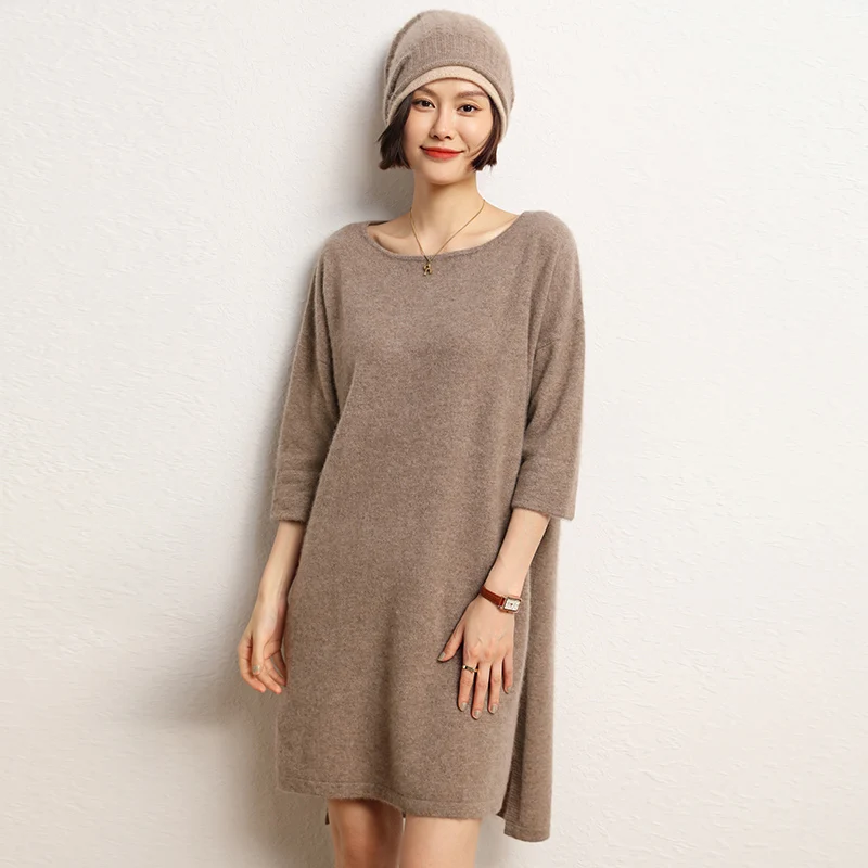 High-end New 100% Cashmere Long Sweater Dress Women Sexy Knitted Dresses Female Loose Large Size O-Neck Elastic 5Colors Pullover