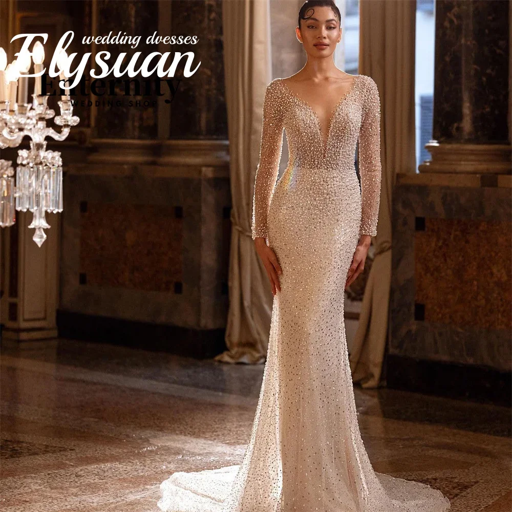 

Customized Mermaid Beading Sequins Wedding Dress Sexy Button Floor-length V-neck Long Sleeve Bridal Gown Vestidos De Novia