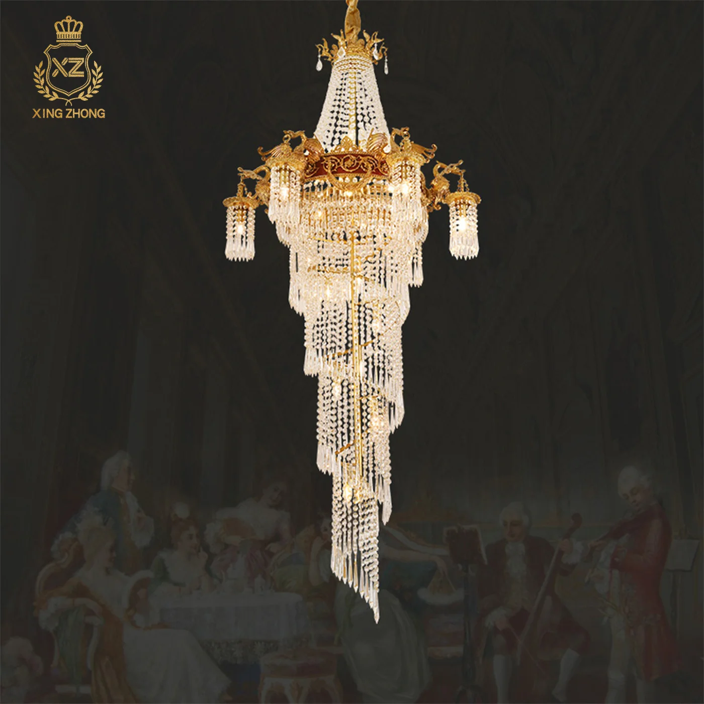 European Baroque Banquet Hall Villa Living Room Long Crystal Tassel Pendant Light Stairwell Wedding Decor Brass Pendant Lamp