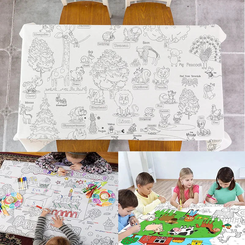 Children DIY Coloring Tablecloth Disposable Waterproof Paper Table Covers for Kids Group Activity Party with 12 Fabric Pens