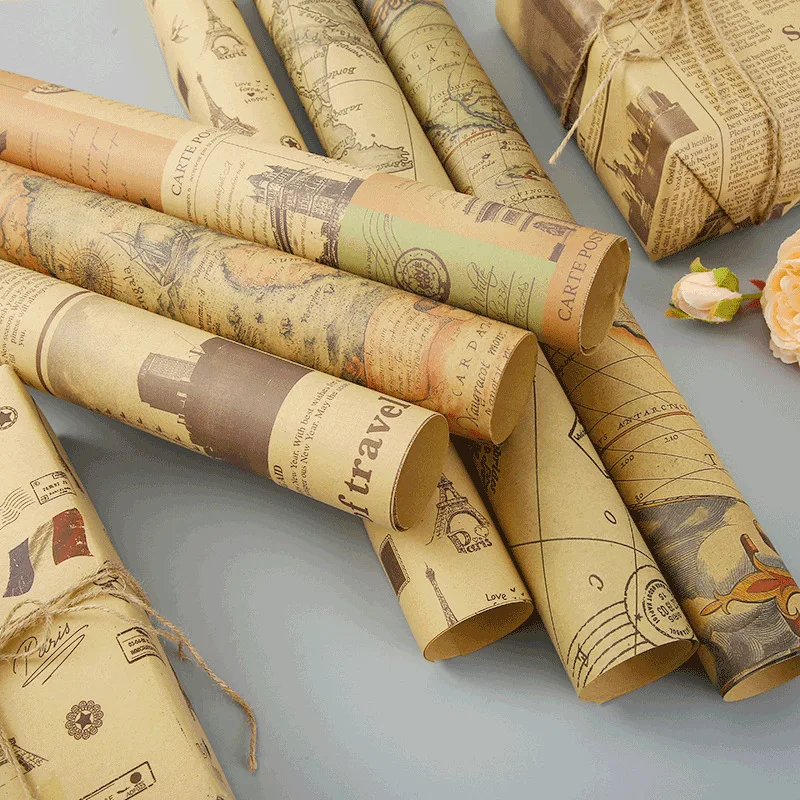 

10pcs Wrapping Paper Bouquet High-End Paper Retro Kraft Wrapping Birthday Festival Gift Box Handmade Material Cover Newspaper