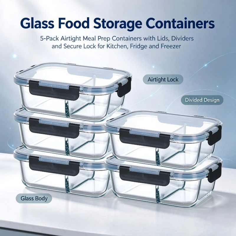 5PCS Heat Resistant Glass Lunch Box Set With Detachable Lid Shockproof Food Preservation Container For Refrigerator
