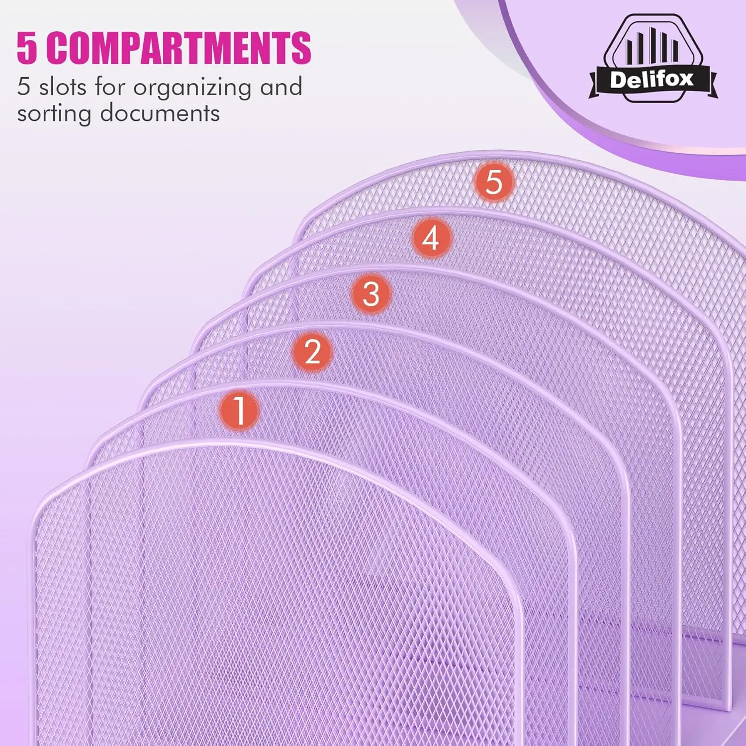 5-Section Vertical Metal File Organizer Stand, Purple Desktop Rack for Office School Paper Storage