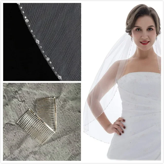 

Однослойная свадебная фата из бисера для невесты, жемчужная свадебная фата с кристаллами по краям, свадебная фата с кристаллами Velos De Novia