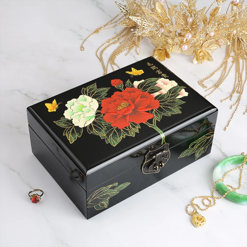 Caja de joyería de Urraca china, almacenamiento de joyería de doble capa de madera, estuche de maquillaje antiguo pintado a mano con espejo, regalo de boda