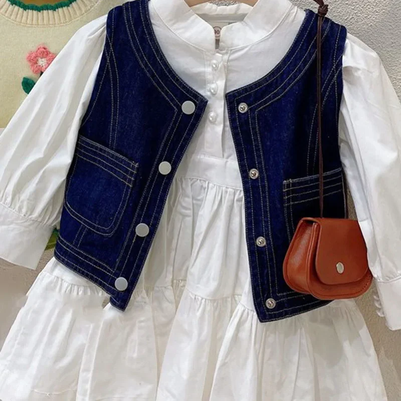 2025 Spring Autumn Girls' Clothing Sets Lady Style Long-Sleeved Children'S Suit Fashion Solid Color Dress+Denim Vest Kids Outfit