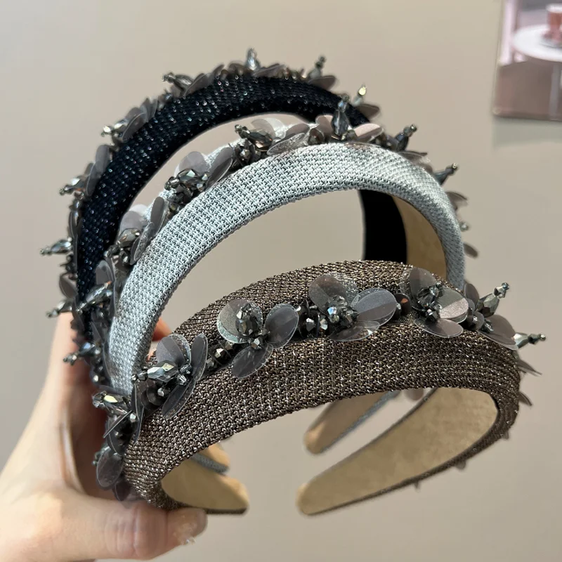 Handmade Beaded Flower Headband for Women Luxury Crystal Rhinestone Hair Hoop Vintage Wide Hair Band Party Hair Accessories