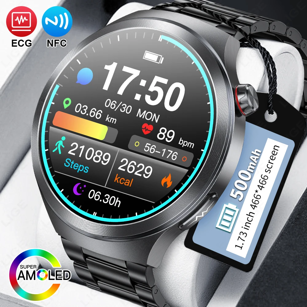 

LIGE новые умные часы с ЭКГ для мужчин 1,73 дюйма AMOLED-экран эмоциональное обнаружение часы для мониторинга усталости NFC умные часы с контролем доступа
