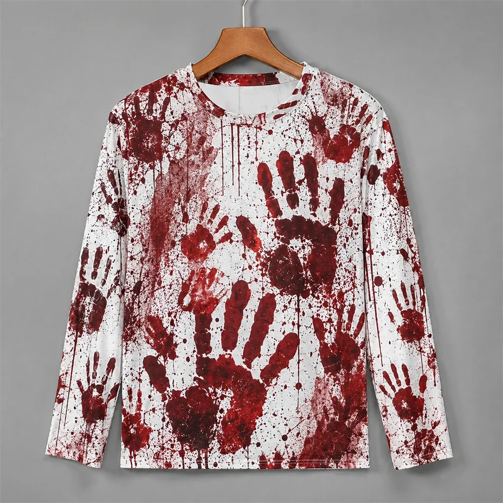 3D Print Horror Red Blood Stains Pattern Halloween Long Sleeve T Shirt For Men Vintage Halloween Party Personality OOTD Tee Top view 4