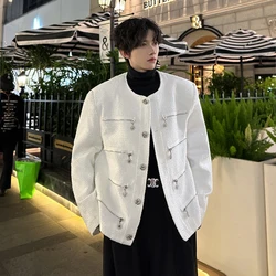 Men's Elegant Jacket Korean Style Luxury Short Suit Coat Fashion Multi-zipper Sequin Design Trend Male Casual Jackets White