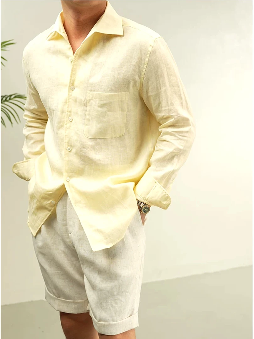 

Loose Fit Cotton Linen Men's Shirt Vintage American Casual Long Sleeve Breathable Lightweight Workwear Style Yellow Milk Color