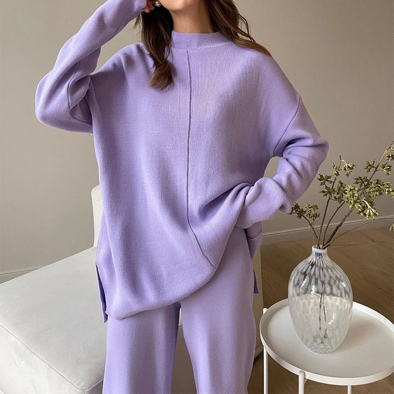 Women Elegant Long Sleeve Tops Autumn Winter Knitted Sweater And Pants Set Lady Pullovers + Wide Legs Pants 2 Piece Suits