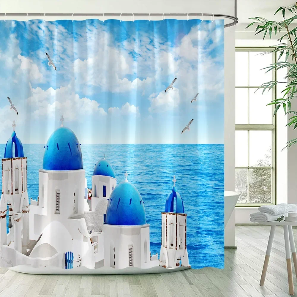 Seaside Ocean Shower Curtains Palm Leaves Birds Mediterranean Beach Landscape Bathroom Curtain Polyester Home Decor with Hooks