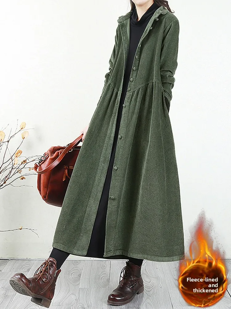 

Japanese Sle Corduroy Windbreaker Jaet Women's Loose Midi Length Fce Lined Thiened Retro Stripe Velvet Coat