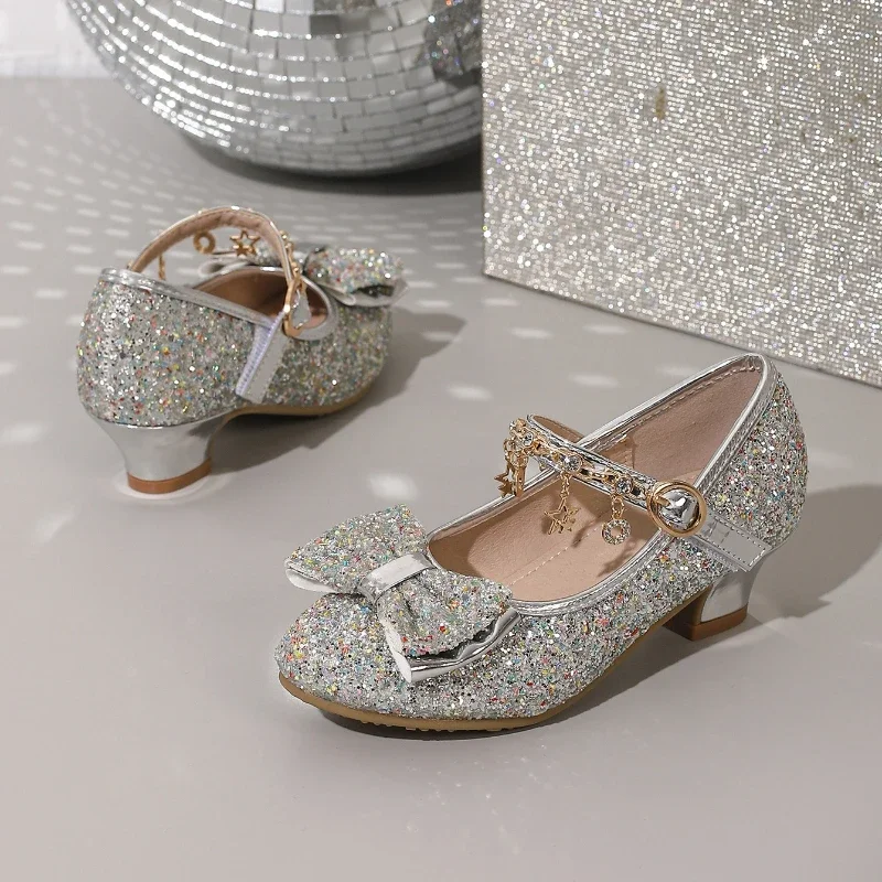 

Children Princess Leather Shoes New Star Tassel Chain Girls Catwalk High Heel Shoes Sweet Sequins Kids Dress Party Shoes Elegant