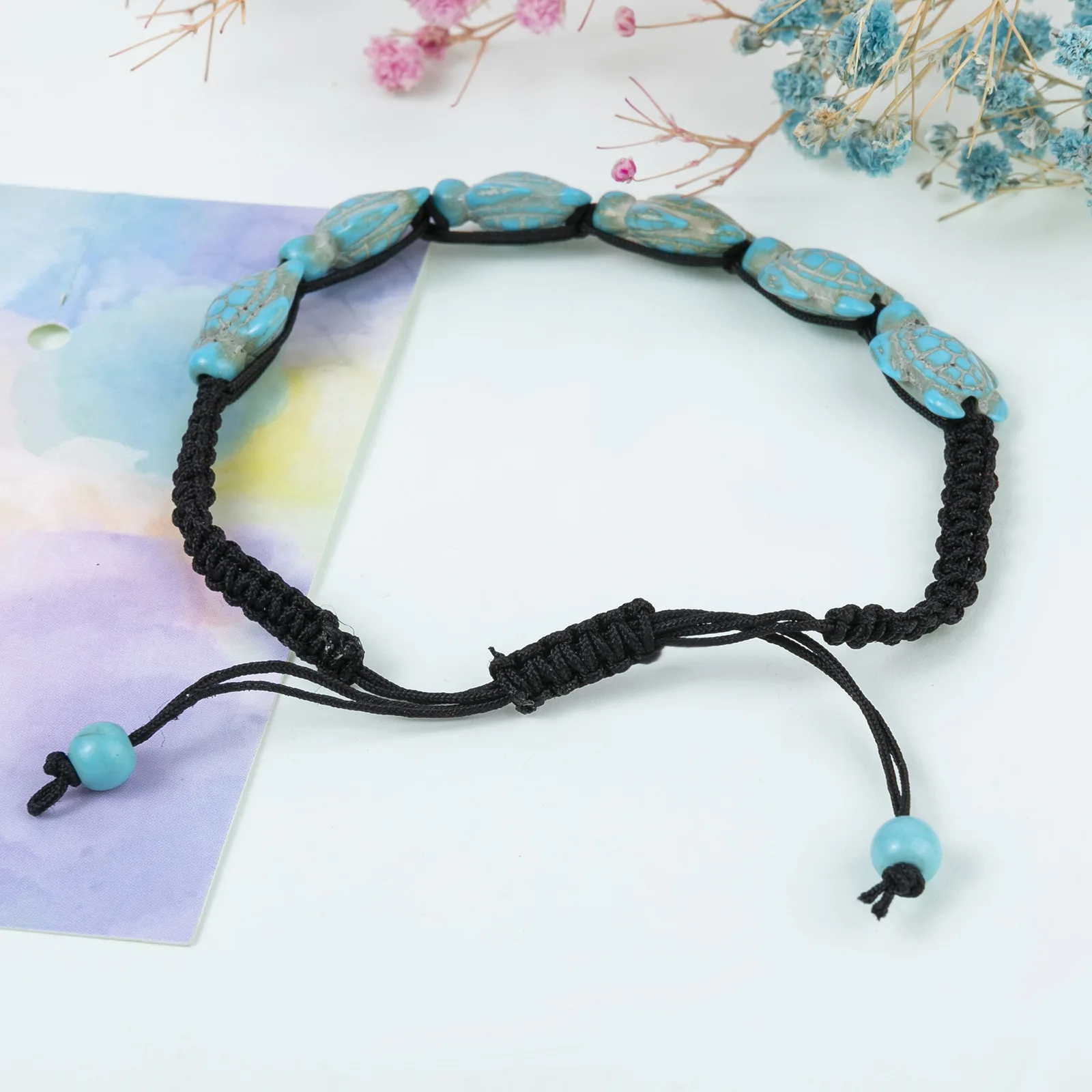 Six Summer Beach Green Sea Turtle Beads Black Cord Macrame Bracelet Women 2024 New Fashion Natural Stone Handmade Jewelry Gift