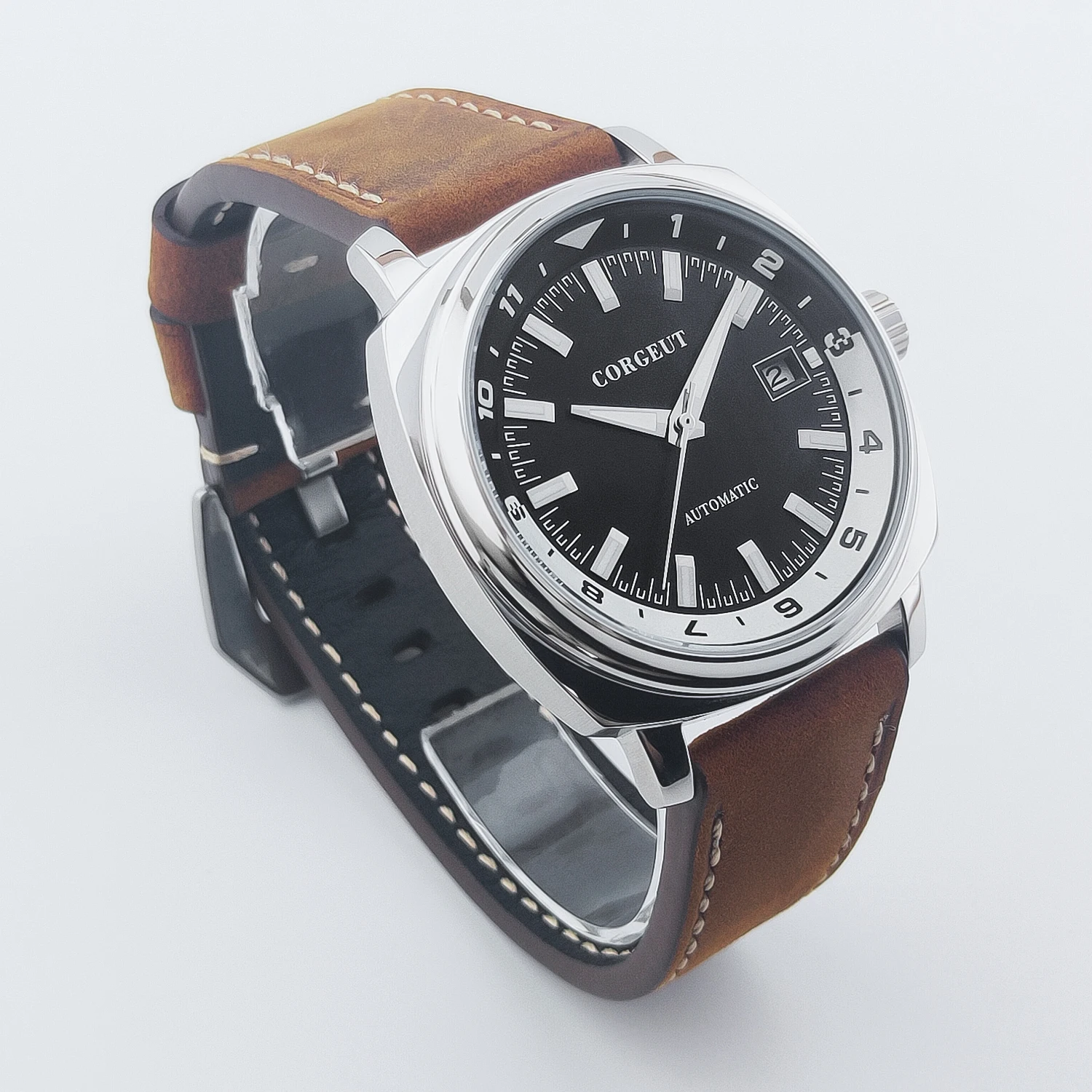 تخصيص 42mm ساعة جديدة التلقائية الميكانيكية صالح NH35 الأزياء الزجاج الصلب حزام / حزام من الجلد للماء ساعة رجالي