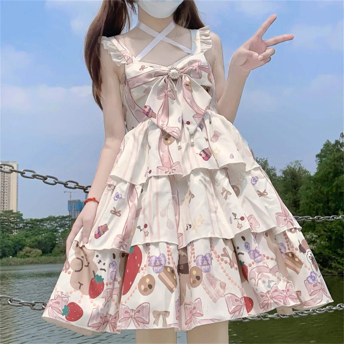 Japanese Sweet Style  JSK Sweet Girls Cosplay Lolita Kawaii  Loli  Print  Strawberry  Bear Cake Gift Pearl Bow Ruffle Dress