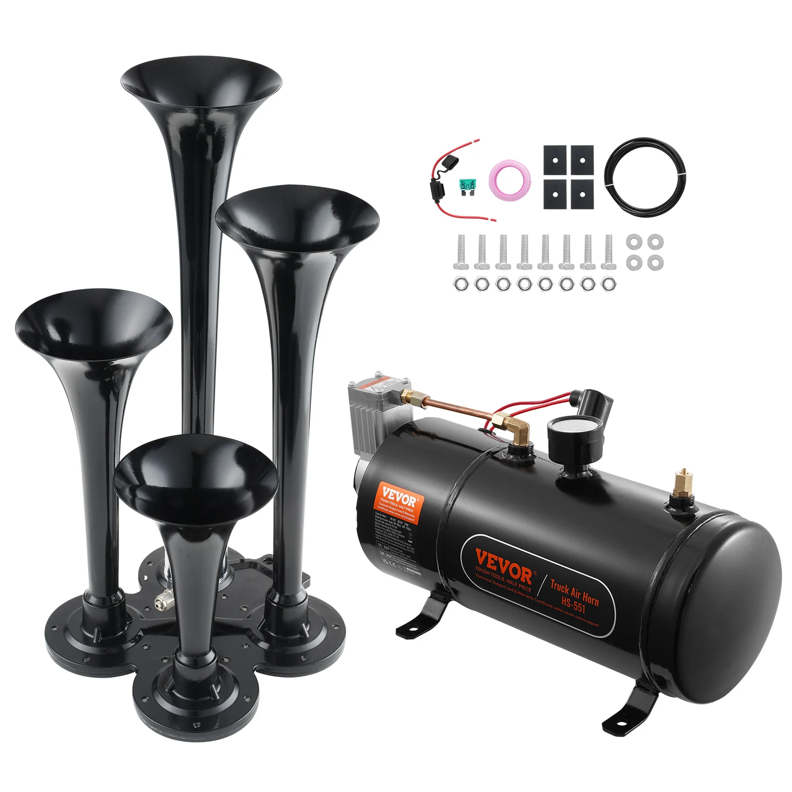 SucceBuy treinhoornset, 4 trompetluchthoornset, 150dB treinhoorns voor pick-up trucks 12V 120 psi luchtcompressor voor vrachtwagentrein