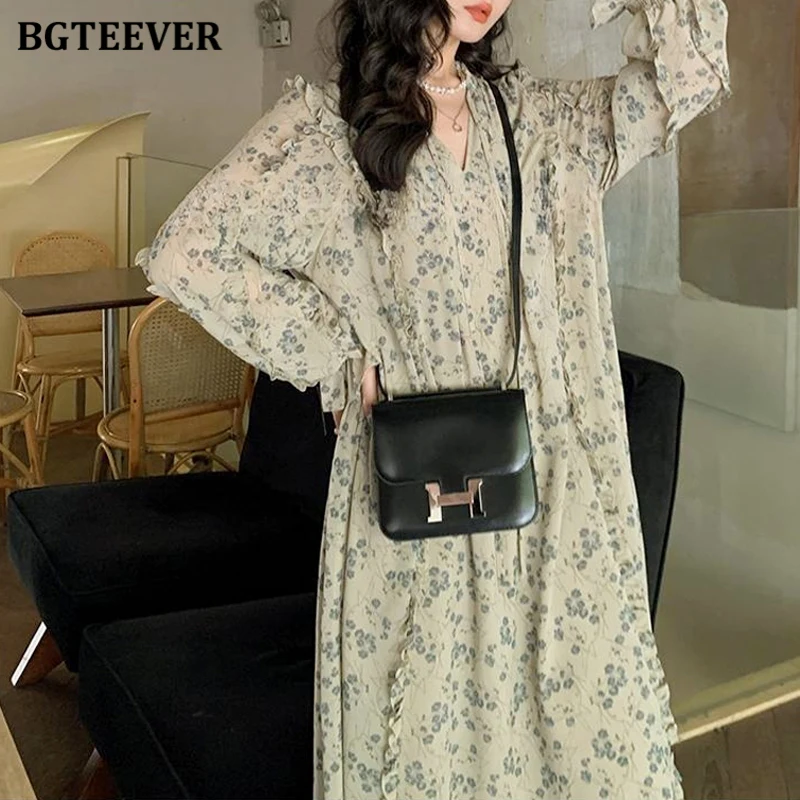 BGTEEVER Casual Ruffles Long Sleeve Women Printed Dress Elegant V-neck Loose Straight Female Dress Summer Ladies Vestidos