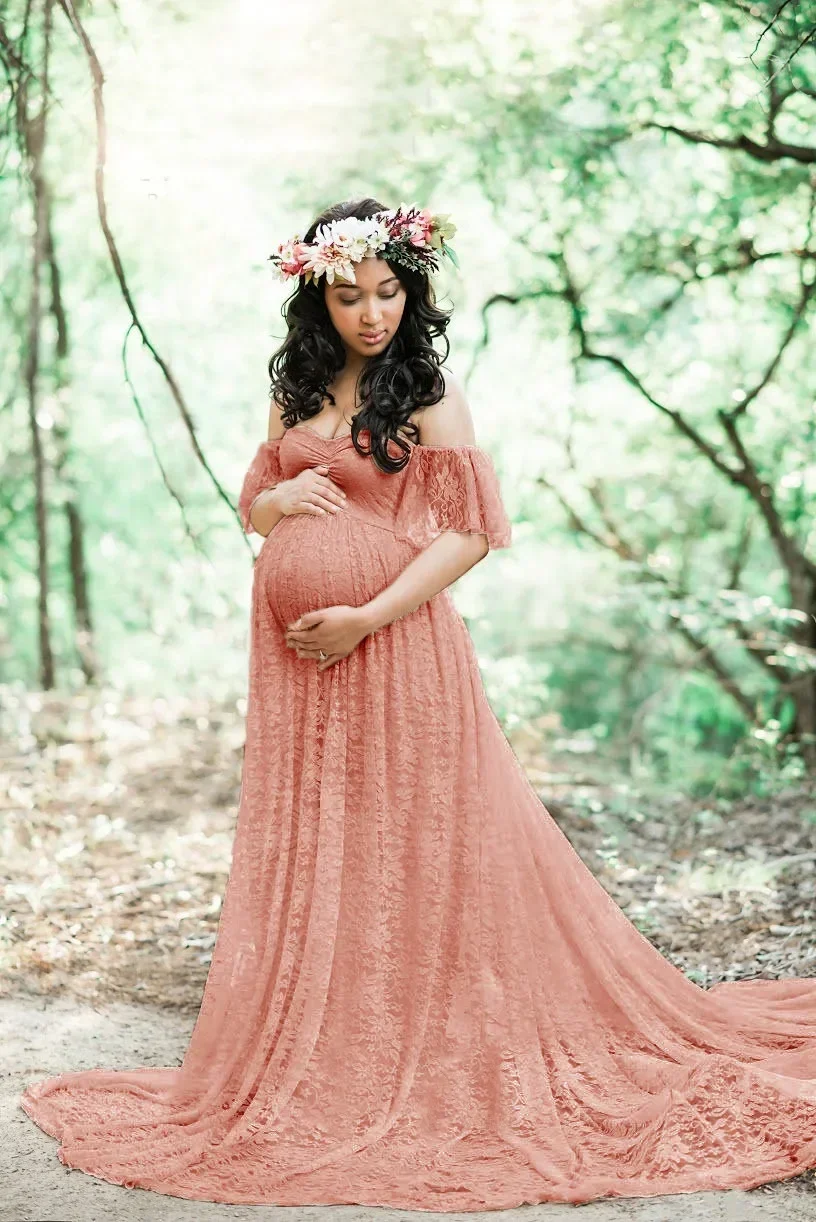 Kanten Zwangerschapsjurk Fotografie Foto Met Korte Mouwen Maxi-Jurk Voor Zwangere Vrouwen Kleding Zwangerschap Jurk Voor Fotoshoot