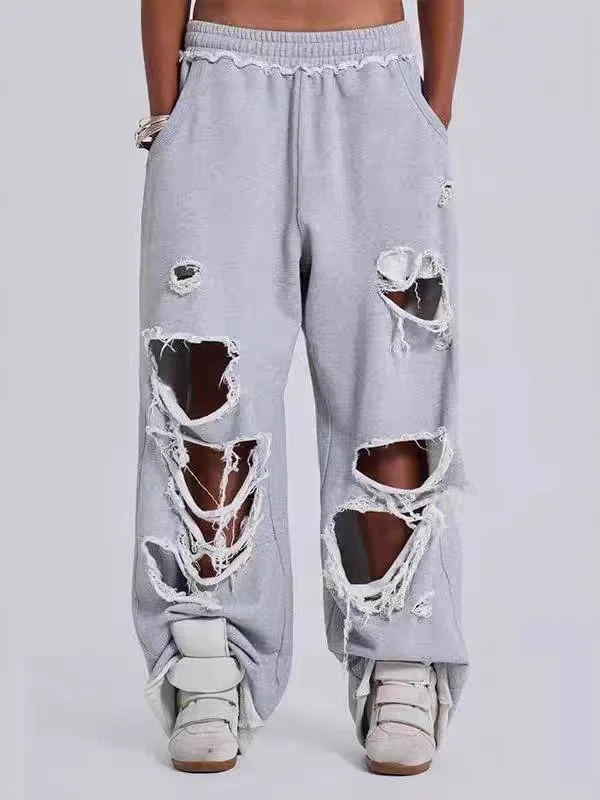 

Light ey Casual Pants Men Women High Waist Wide Leg Knitted Cotton Torn Loose Fit Elastic Waist Cargo Pants