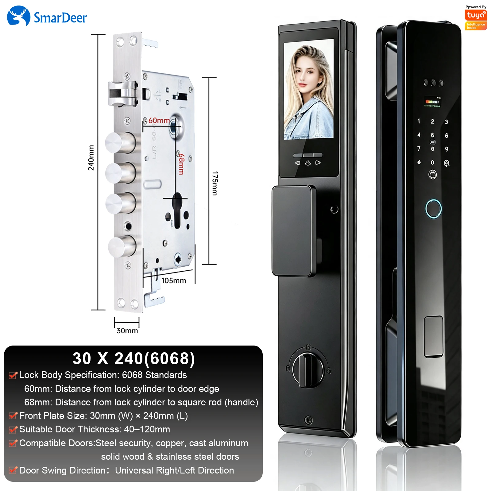    SmarDeer gezichts- en handpalmaderenherkenning vingerafdruk digitaal slot, WiFi slim deurslot, Tuya app op afstand realtime videogesprek
