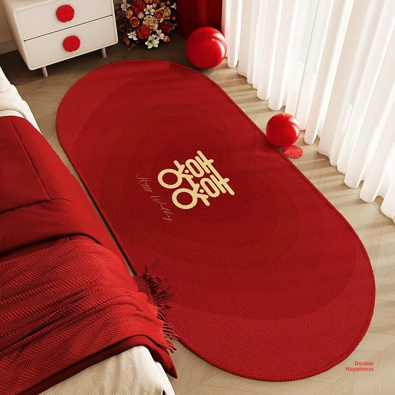 

Красный овальный коврик для спальни на свадьбу, праздничный ковер для новобрачных, декоративный коврик для изножья кровати с китайскими иероглифами