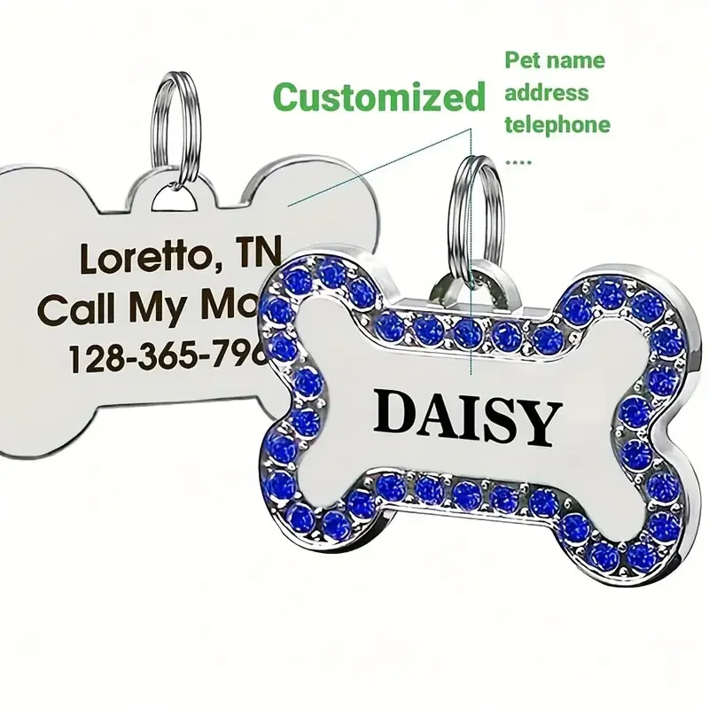Zinklegierung Knochen Haustier ID Tags Gravierte Strasssteine Name Nummer Adresse Katze Hundehalsband Anhänger Welpen Halskette Charm Zubehör – Detail 3