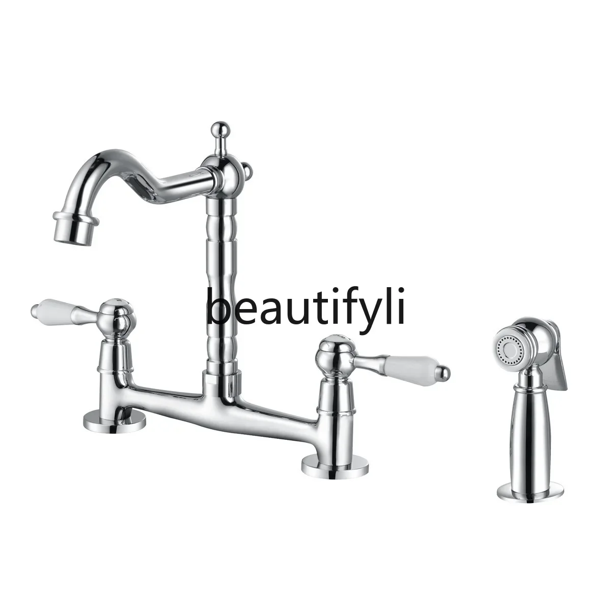 

All-copper retro double-hole French kitchen faucet ceramic handle hot and cold belt spray gun multi-function faucet