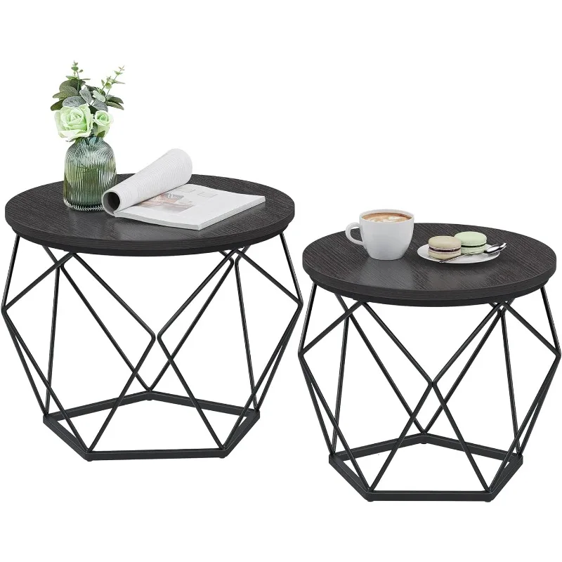 

Small Coffee Table Set of 2, Round Coffee Table with Steel Frame, Side End Table for Living Room, Bedroom, Office