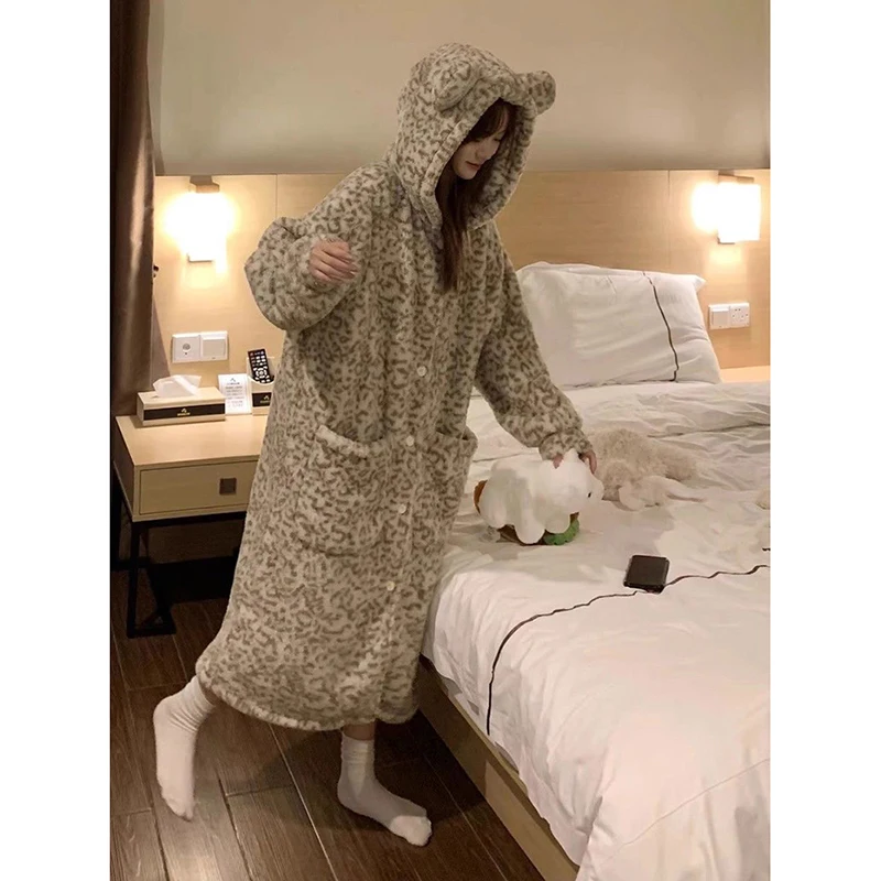 Leopard Robe Women Sleepwear Hooded Nightdress Winter Fleece Pajama Night Wears Warm One Piece Nightgown Long Sleeve Homewear