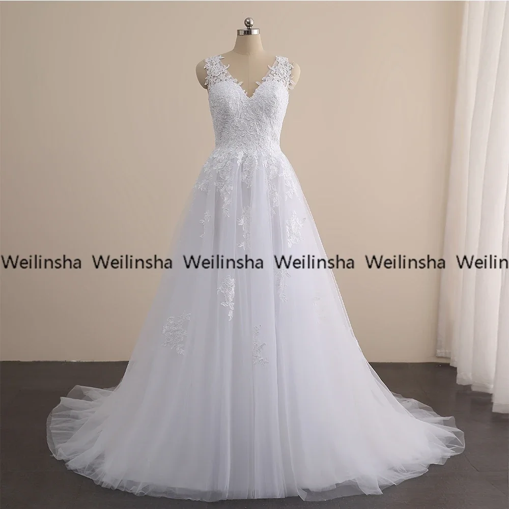 Exquisite Weiß A-linie Ärmellose V-ausschnitt Hochzeit Kleider Hohe Qualität Sweep Backless Bodenlangen Prinzessin Tüll Roben 2021 Neue