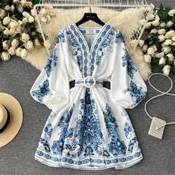 Vintage Print Elegant V-eck Single Breasted Lantern Long Sleeve Dress A-line Casual Women Fashion Summer Spring Vestidos