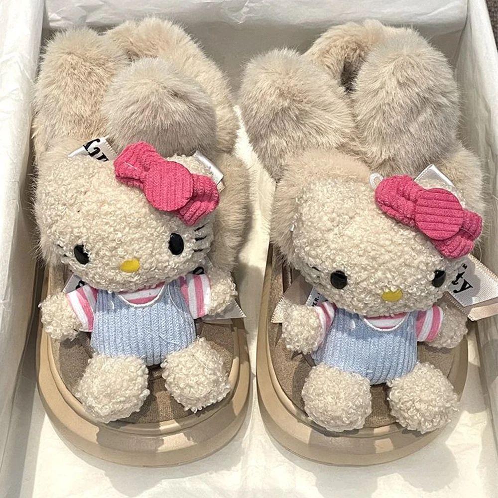 2024 New Hello Kitty Doll Snow Boots Cartoon Winter Thick Bottom Anti Slip Girlish Heart Keep Warm Cotton Shoes Kawaii Girl Gift