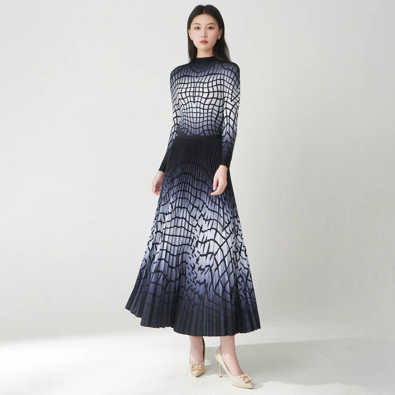 Pengiriman Cepat Set Miyake Lipit Desainer Atasan Lengan Panjang dan Rok Set Motif Kasual Set Elegan Wanita